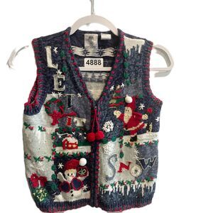 Tiara Girls Vtg Fair Isle Christmas Vest Snowflake Santa Snowman Novelty Knit S